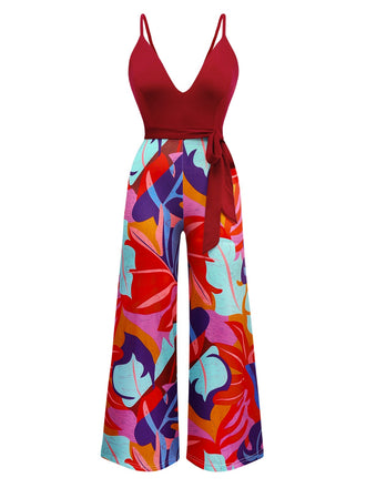 Red 1930s Tropical Belted Deep V Straps Jumpsuit
