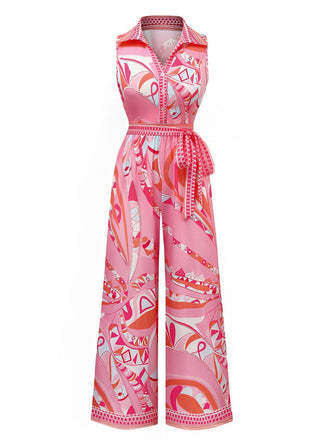 Pink 1930s Lapel Belted Boho Jumpsuit