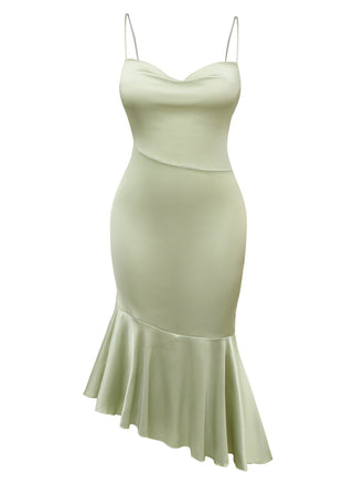 Green 1930s Solid Cowl Neck Ruffled Mermaid Dress
