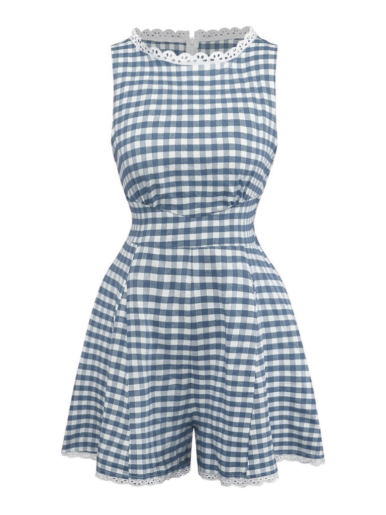 1950s Cotton Lace Patchwork Gingham Plaid Romper