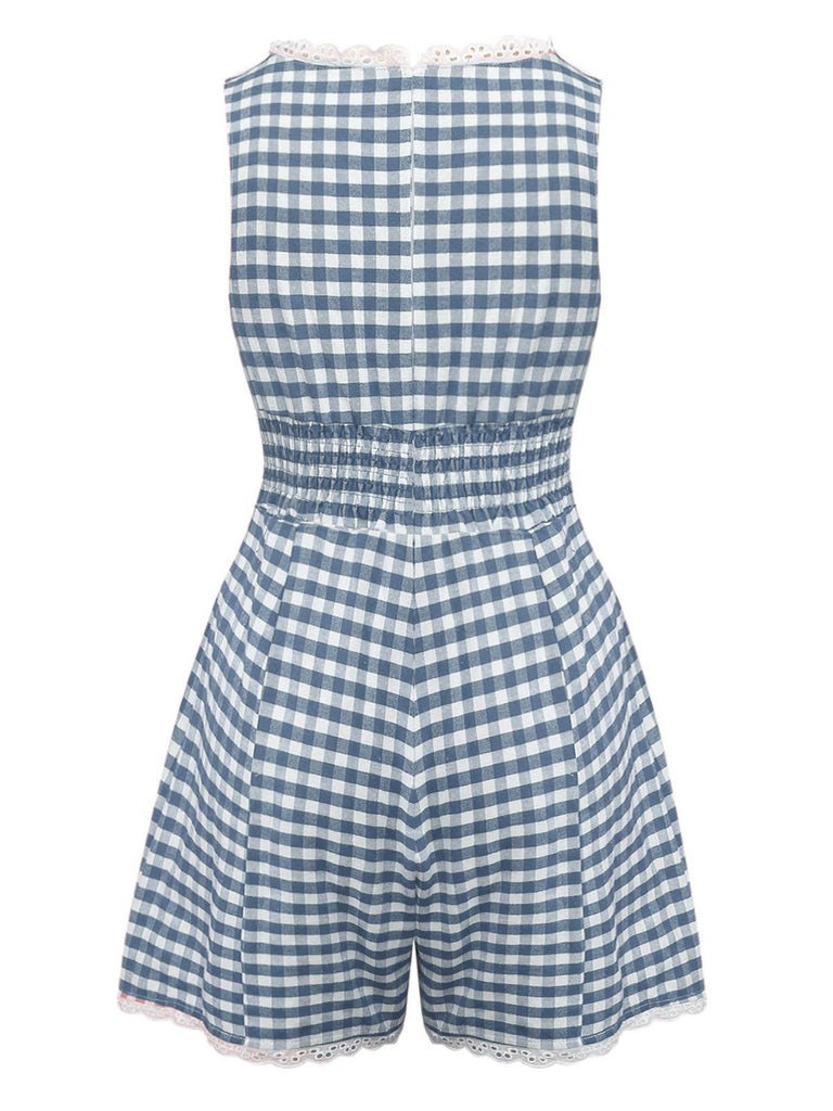 1950s Cotton Lace Patchwork Gingham Plaid Romper