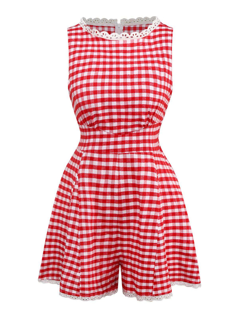 1950s Cotton Lace Patchwork Gingham Plaid Romper