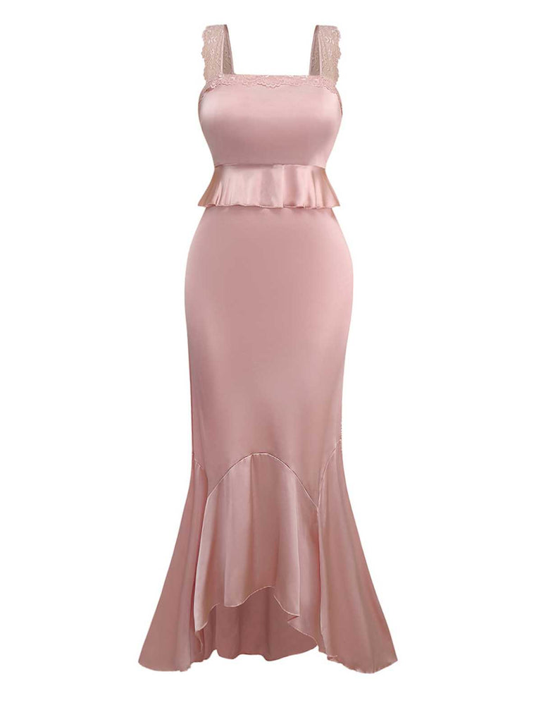 Pink 1930s Strap Lace Ruffles Satin Mermaid Dress