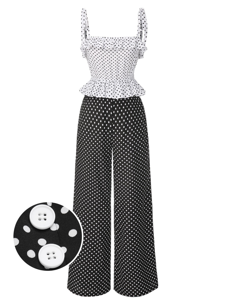 [Pre-Sale] 1960s Strap Contrast Polka Dots Ruffles Jumpsuit