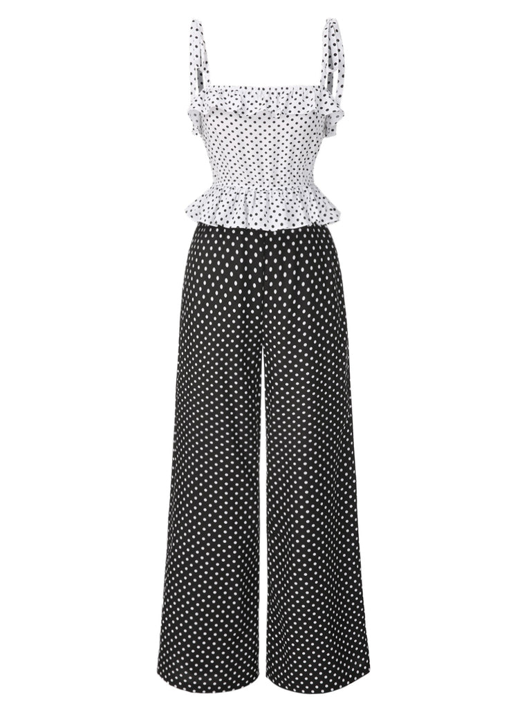 [Pre-Sale] 1960s Strap Contrast Polka Dots Ruffles Jumpsuit