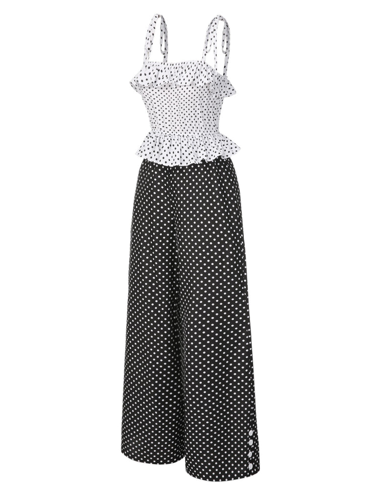 [Pre-Sale] 1960s Strap Contrast Polka Dots Ruffles Jumpsuit