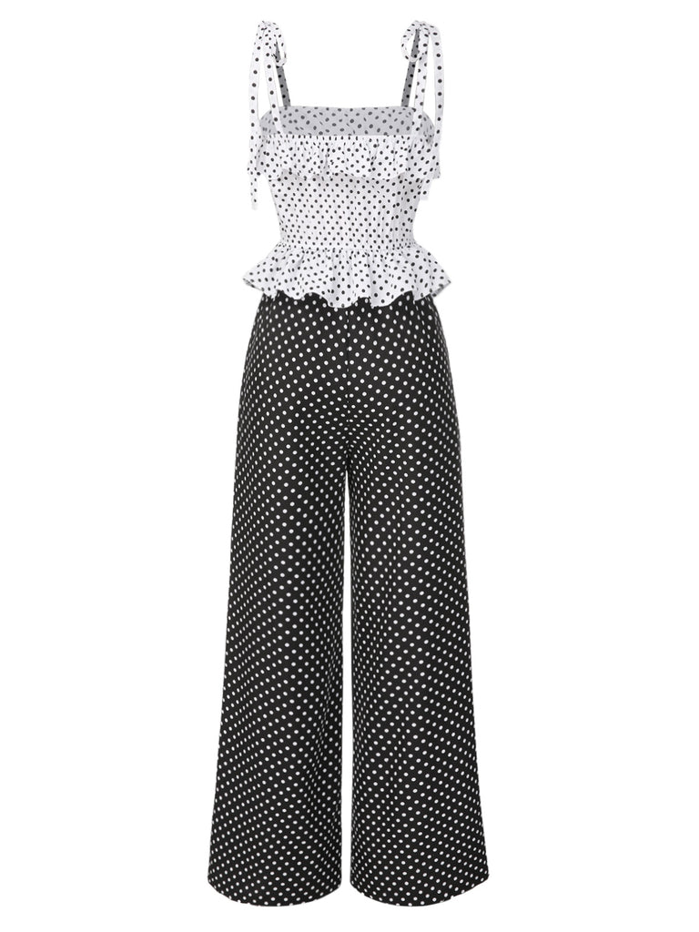 [Pre-Sale] 1960s Strap Contrast Polka Dots Ruffles Jumpsuit