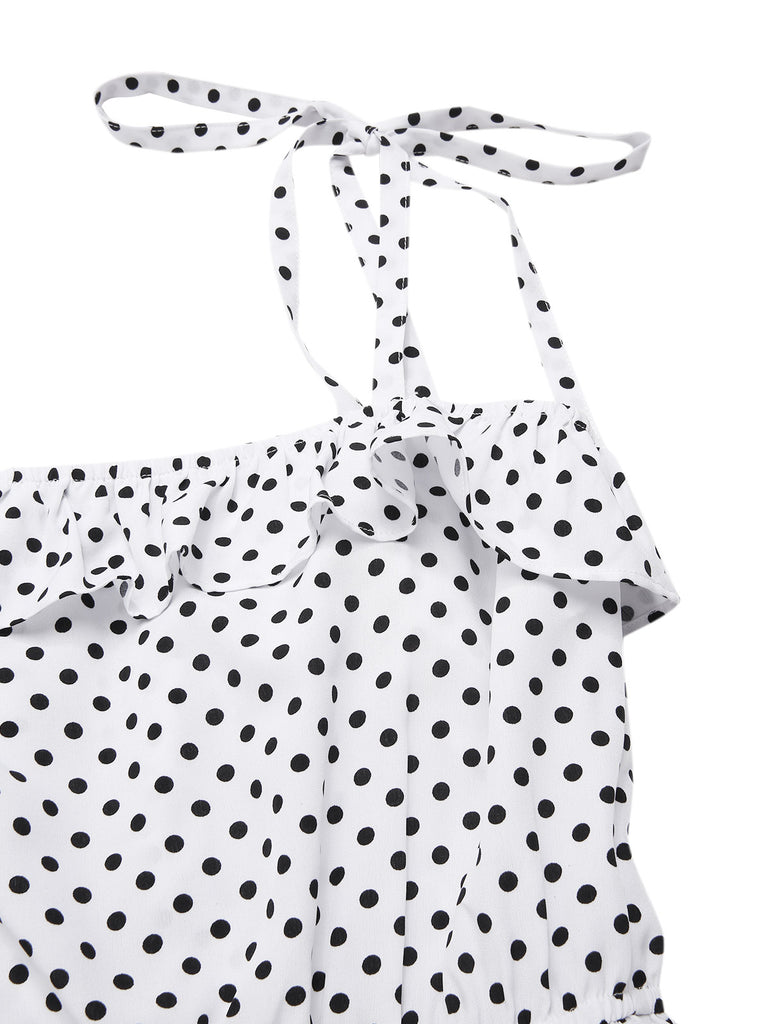 [Pre-Sale] 1960s Strap Contrast Polka Dots Ruffles Jumpsuit