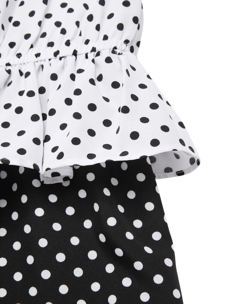 [Pre-Sale] 1960s Strap Contrast Polka Dots Ruffles Jumpsuit