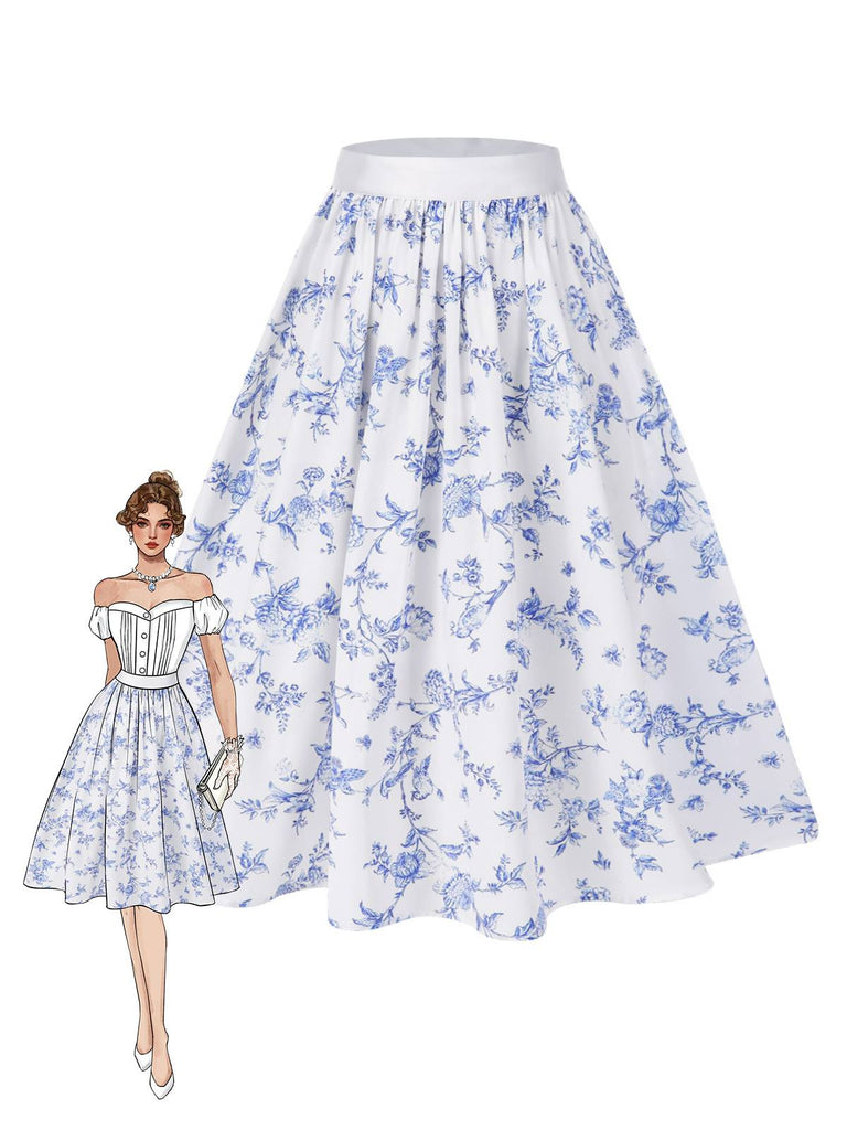 [Pre-Sale] Blue 1950s Blue & White Porcelain Floral Skirt