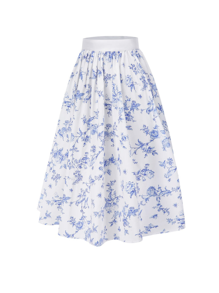 [Pre-Sale] Blue 1950s Blue & White Porcelain Floral Skirt