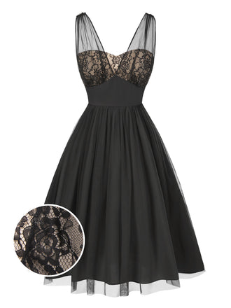 Black 1950s Lace Floral Mesh Swing Dress