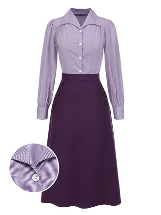 [Pre-Sale] 2PCS Lavender 1940s Lapel Striped Blouse & Solid Skirt