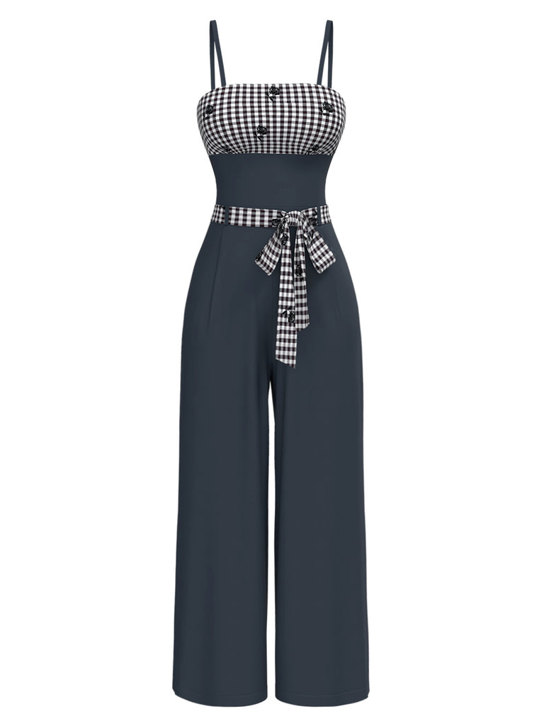 [Pre-Sale] Black 1950s Rose Plaid Lace-Up Jumpsuit
