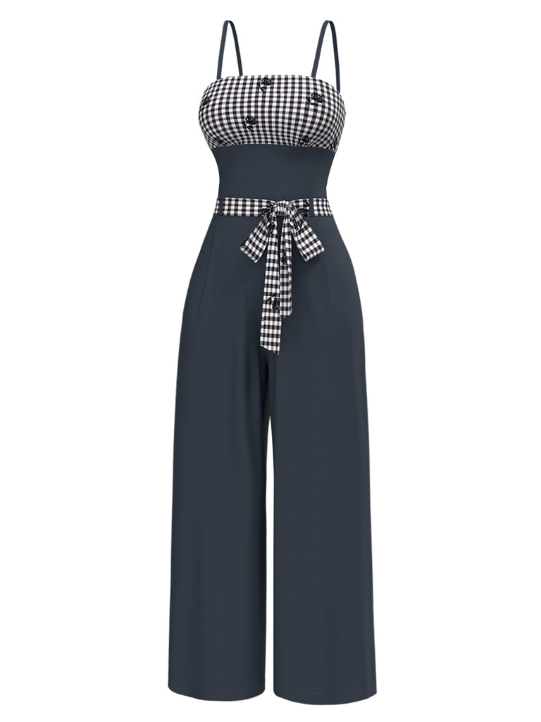 [Pre-Sale] Black 1950s Rose Plaid Lace-Up Jumpsuit
