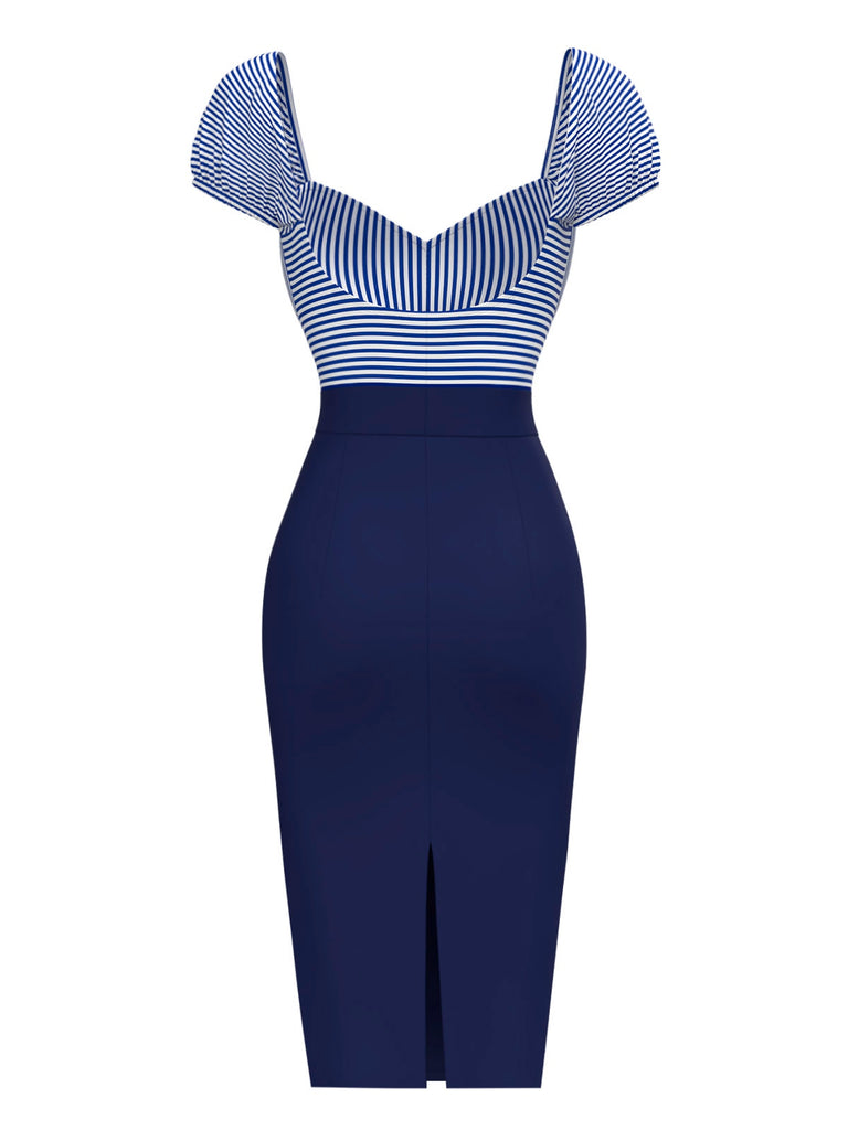 [Pre-Sale] Dark Blue 1960s Striped Puff Sleeves Pencil Dress
