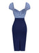 [Pre-Sale] Dark Blue 1960s Striped Puff Sleeves Pencil Dress