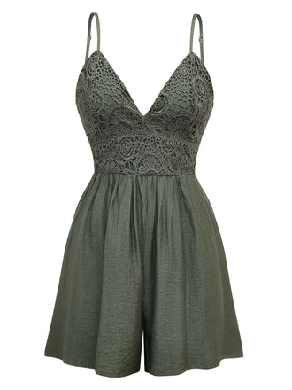 Dark Green 1950s Embroidery Patchwork Smocked Romper