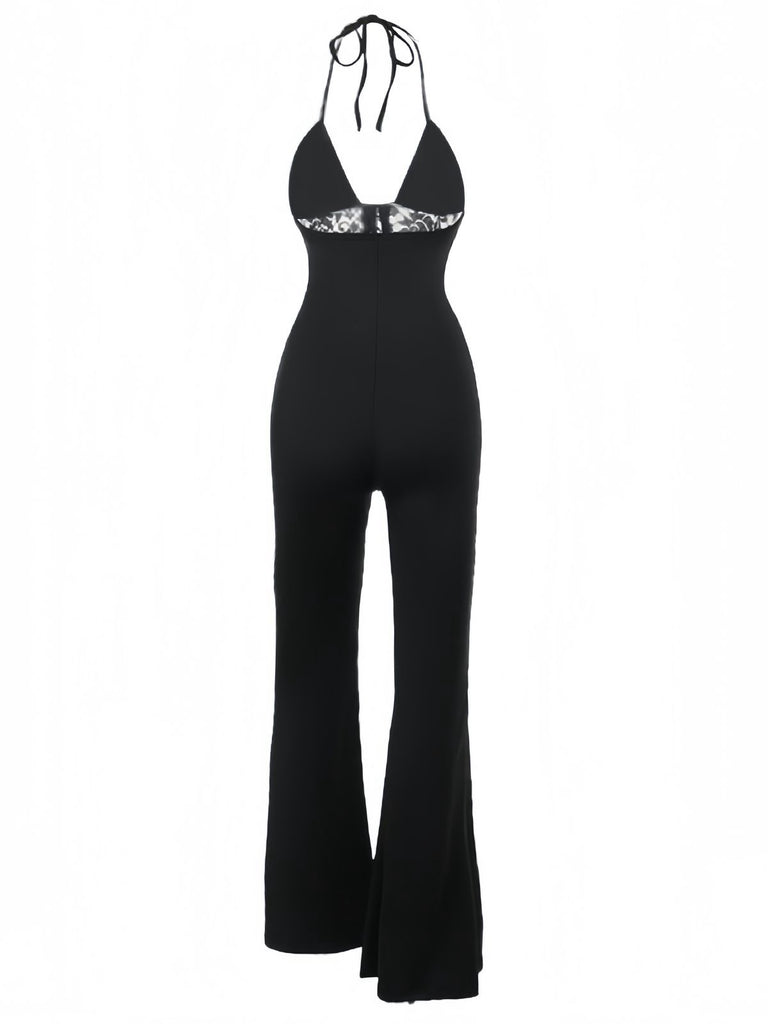 Black 1930s Halter Lace Bell-Bottom Jumpsuit