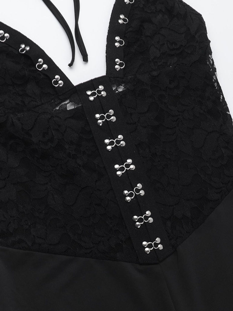 Black 1930s Halter Lace Bell-Bottom Jumpsuit
