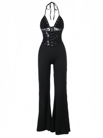 Black 1930s Halter Lace Bell-Bottom Jumpsuit
