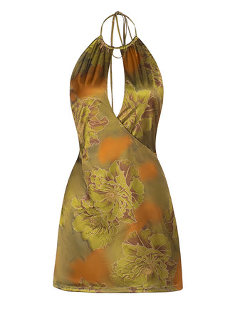 Green 1960s Floral Halter Hollow Backless Dress