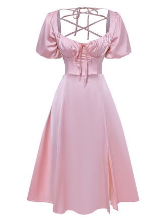 Pink 1940s Solid Puff Sleeve Tie Back Dress