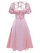 Pink 1940s Solid Puff Sleeve Tie Back Dress