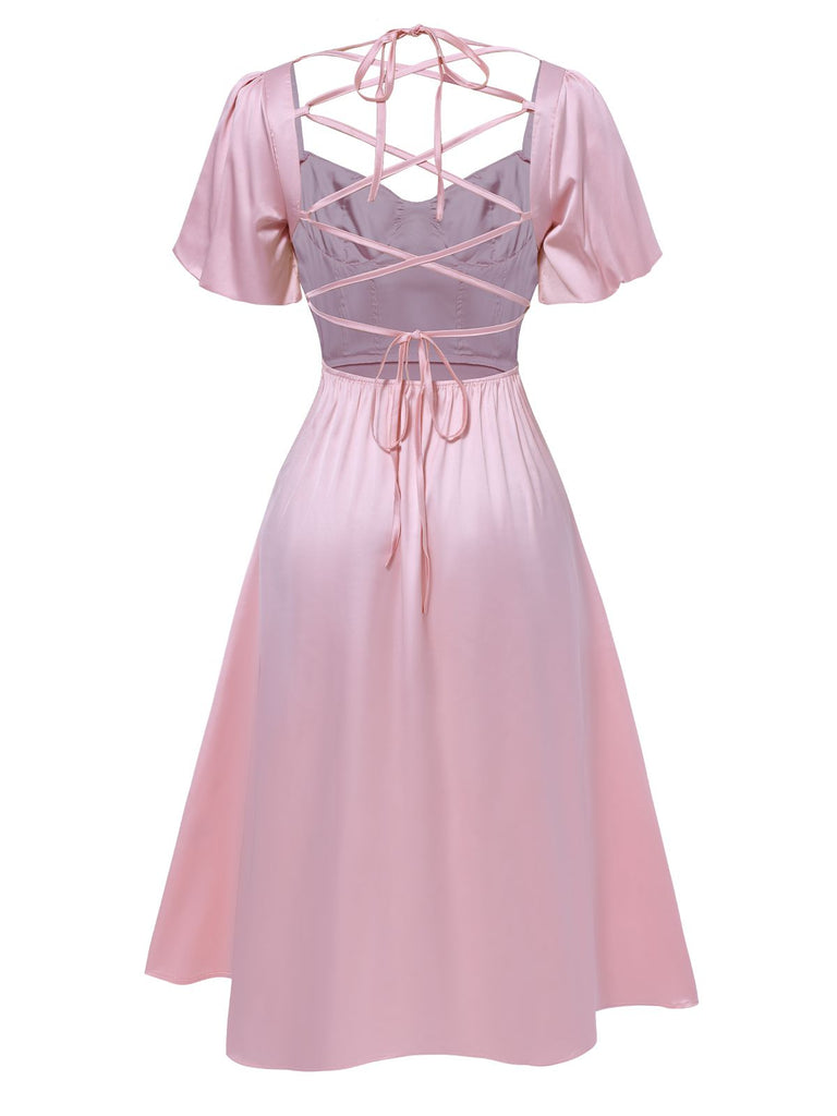 Pink 1940s Solid Puff Sleeve Tie Back Dress