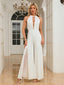 White 1930s Solid Deep V Embroidered Backless Jumpsuit