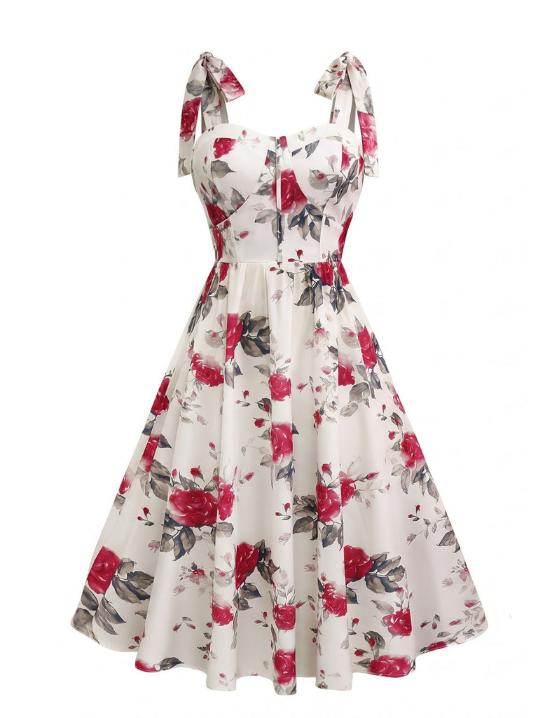 White 1950s Rose Print Lace-Up A-Line Dress
