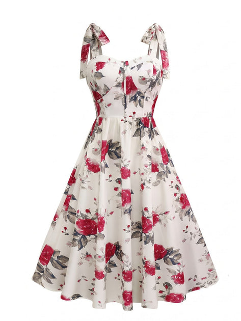 White 1950s Rose Print Lace-Up A-Line Dress