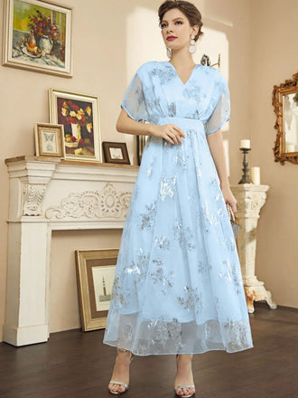 Light Blue 1940s Foil Stamping Mesh Patchwork Dress