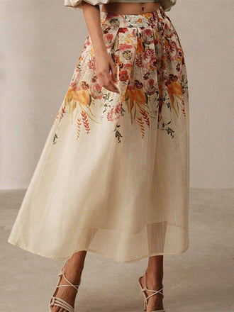 Beige 1940s Floral Mesh Patchwork Skirt