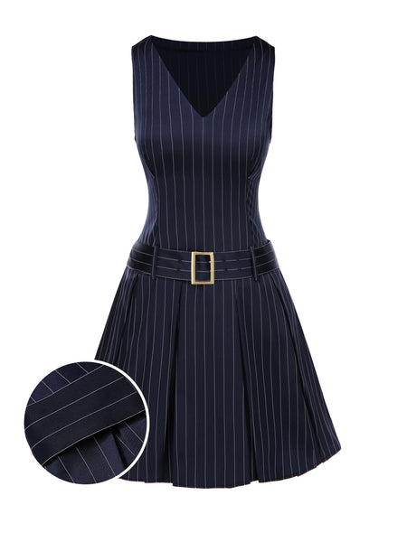 1960s Drop Waist Pleated Striped Belted Dress