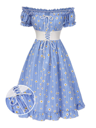 Blue 1950s Off-Shoulder Plaids Daisy Lace-Up Dress