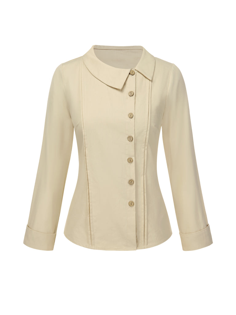 Cream 1930s Cotton Buttons Solid Blouse