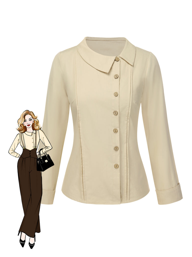 Cream 1930s Cotton Buttons Solid Blouse