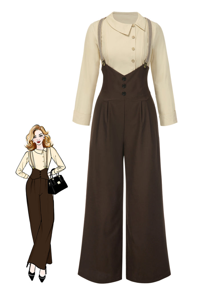 2PCS 1930s Cotton Solid Blouse & Suspender Pants