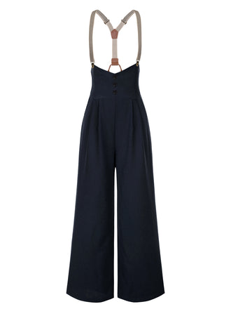 Dark Blue 1950s Button Suspender Pants
