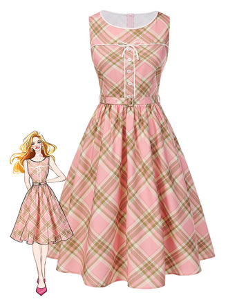 [Pre-Sale] Pink 1950s Gingham Plaid Sleeveless Belted Dress