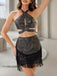 2PCS Black 1960s Sequined Fringe Halter Hollow Top & Skirt