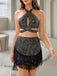 2PCS Black 1960s Sequined Fringe Halter Hollow Top & Skirt