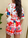 2PCS Red 1970s Boho Floral Chest Tie Top & Shorts