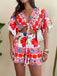 2PCS Red 1970s Boho Floral Chest Tie Top & Shorts