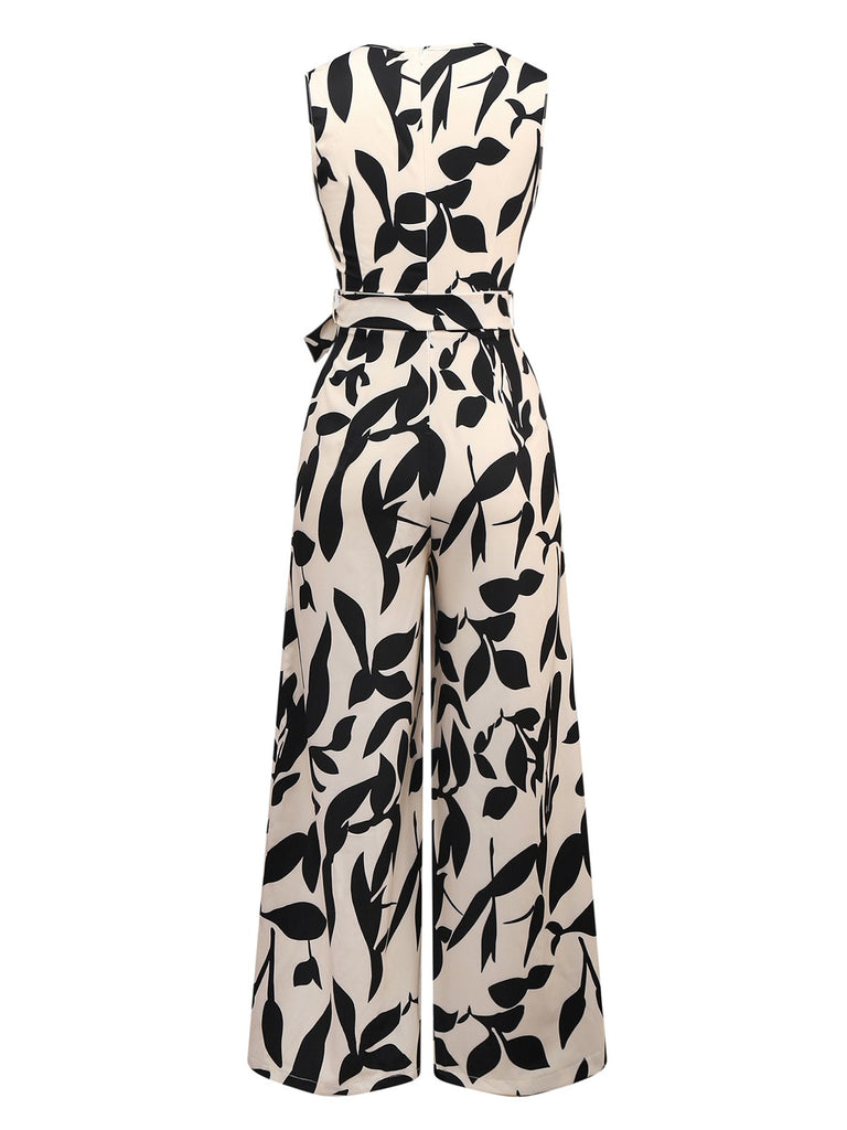 Beige 1930s Surplice Leaves Silhouette Jumpsuit