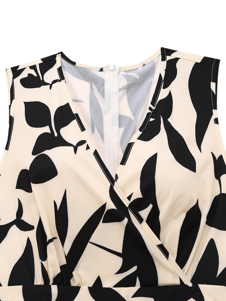 Beige 1930s Surplice Leaves Silhouette Jumpsuit