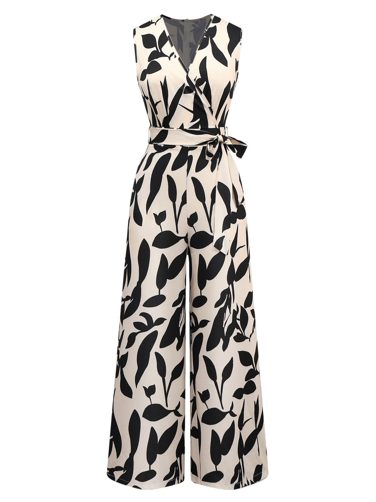 Beige 1930s Surplice Leaves Silhouette Jumpsuit