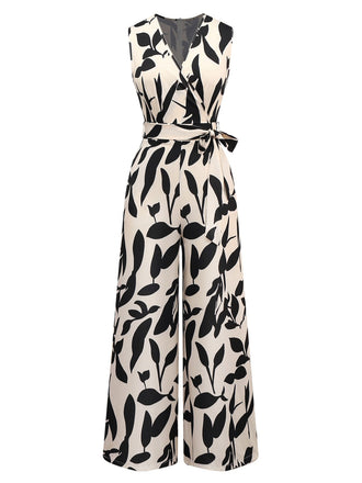 Beige 1930sย Surplice Leaves Silhouette Jumpsuit