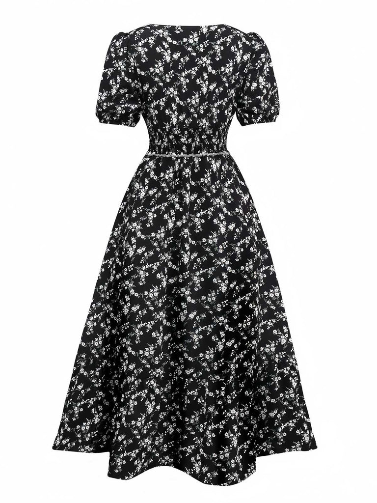 Black 1940s V-Neck Puff Ditsy Floral Dress